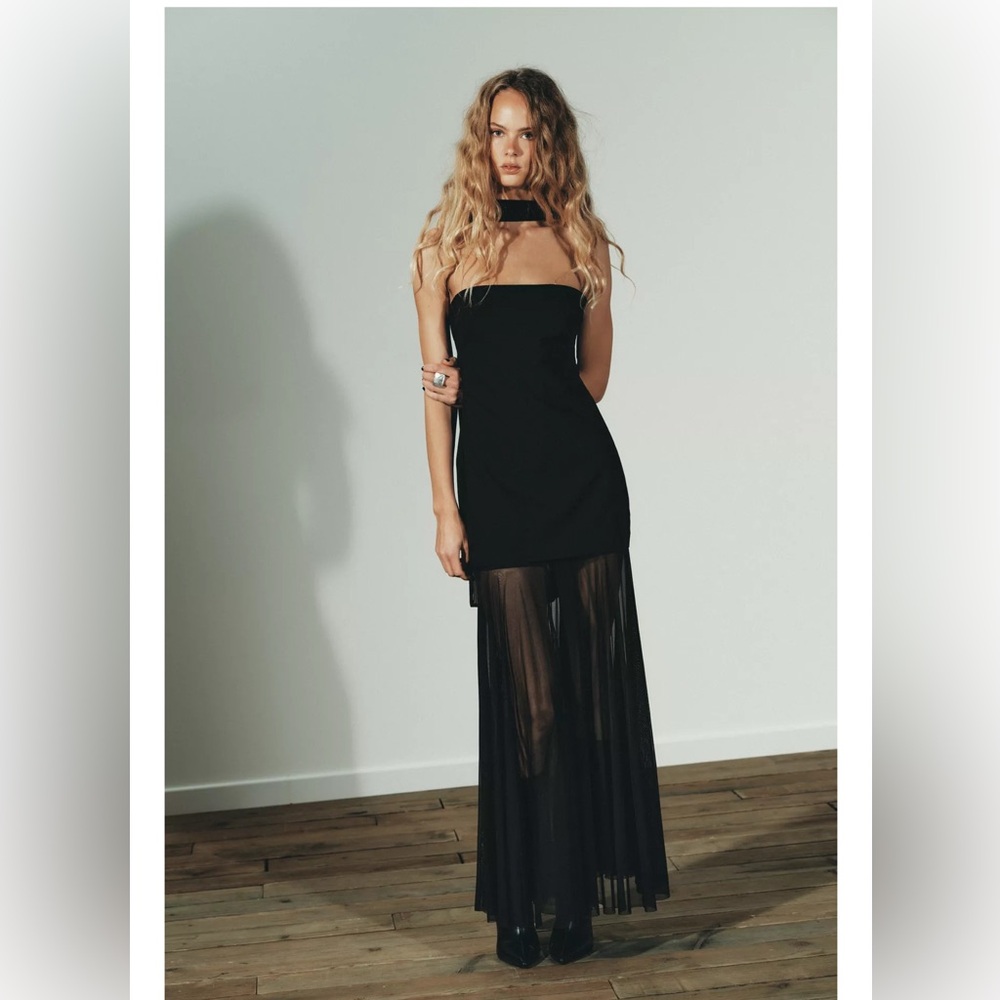 Zara Black Strapless Dress with Sheer Skirt